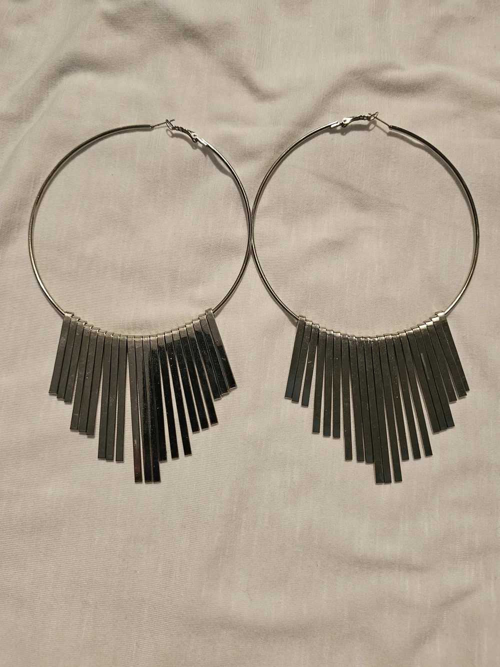 Silver Fringe Hoop Earrings with Bar Tassels - Women Jewelry